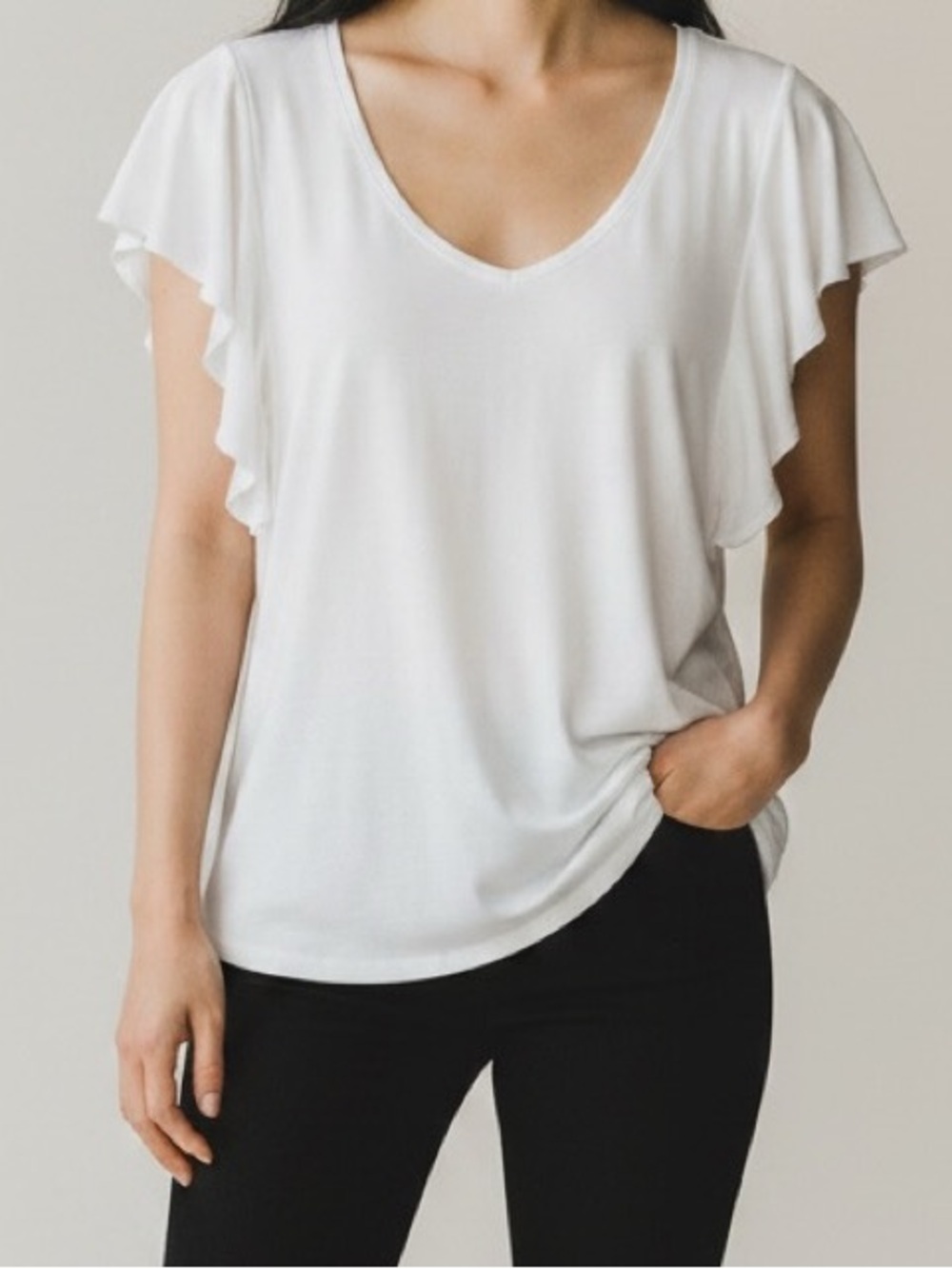Old Navy Medium White Callally Relaxed Ruffle Flutter Sleeve V-Neck Top